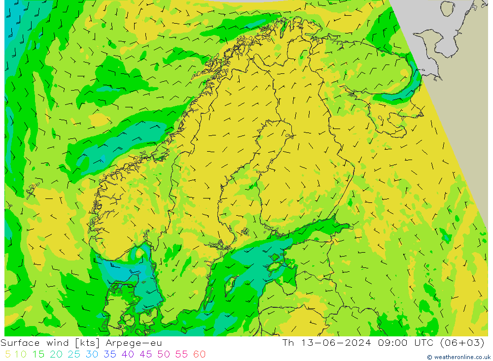 Surface wind Arpege-eu Th 13.06.2024 09 UTC