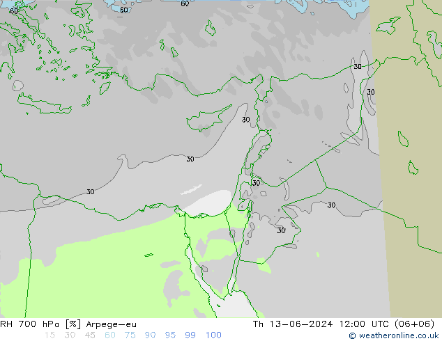 RH 700 hPa Arpege-eu czw. 13.06.2024 12 UTC