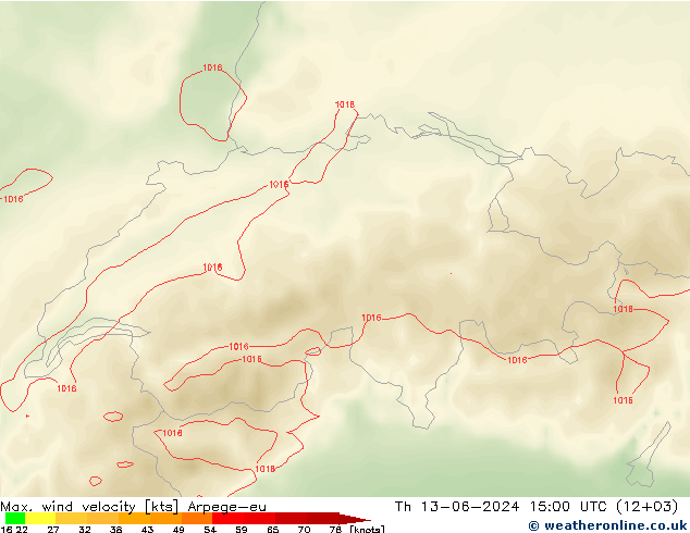 Max. wind velocity Arpege-eu  13.06.2024 15 UTC