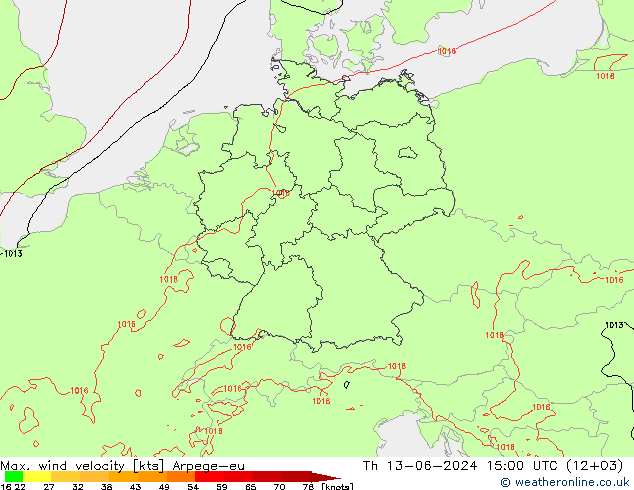 Max. wind velocity Arpege-eu Qui 13.06.2024 15 UTC