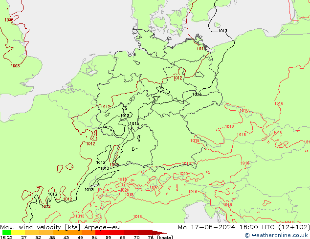 Max. wind velocity Arpege-eu Seg 17.06.2024 18 UTC