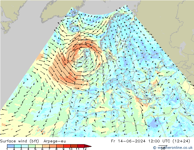 Surface wind (bft) Arpege-eu Fr 14.06.2024 12 UTC
