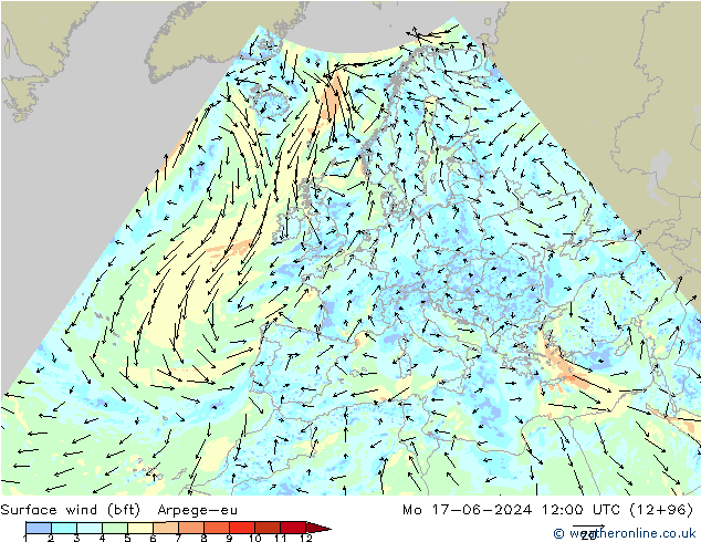 Wind 10 m (bft) Arpege-eu ma 17.06.2024 12 UTC