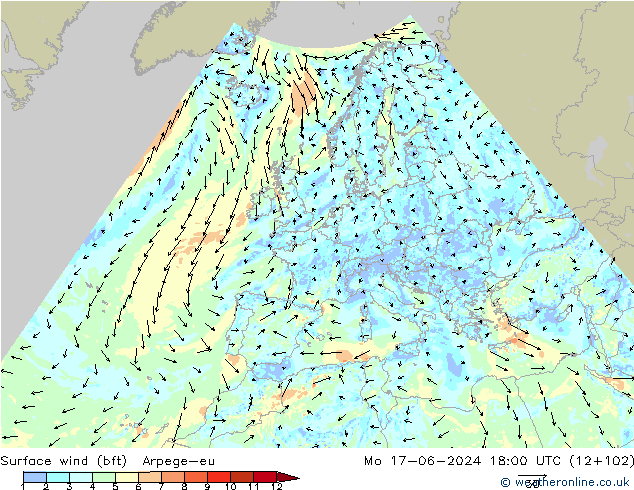 Bodenwind (bft) Arpege-eu Mo 17.06.2024 18 UTC