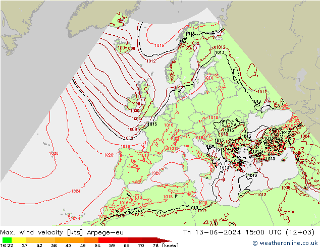 Max. wind velocity Arpege-eu czw. 13.06.2024 15 UTC