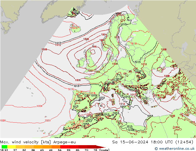 Max. wind velocity Arpege-eu So 15.06.2024 18 UTC