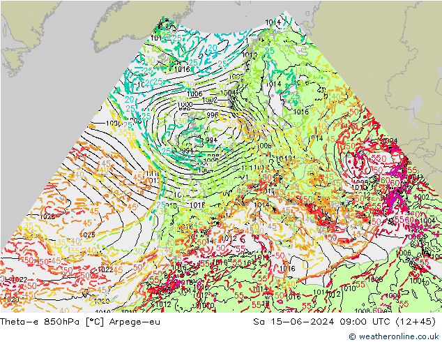 Theta-e 850hPa Arpege-eu Sa 15.06.2024 09 UTC