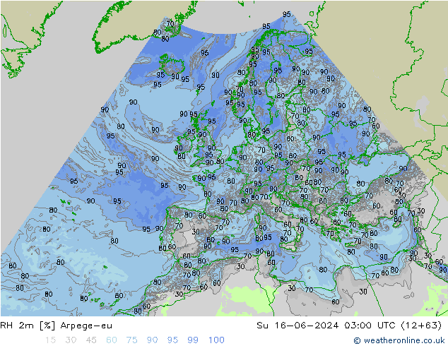 Humidité rel. 2m Arpege-eu dim 16.06.2024 03 UTC