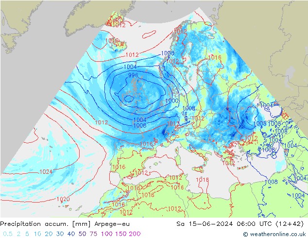 Precipitation accum. Arpege-eu So 15.06.2024 06 UTC