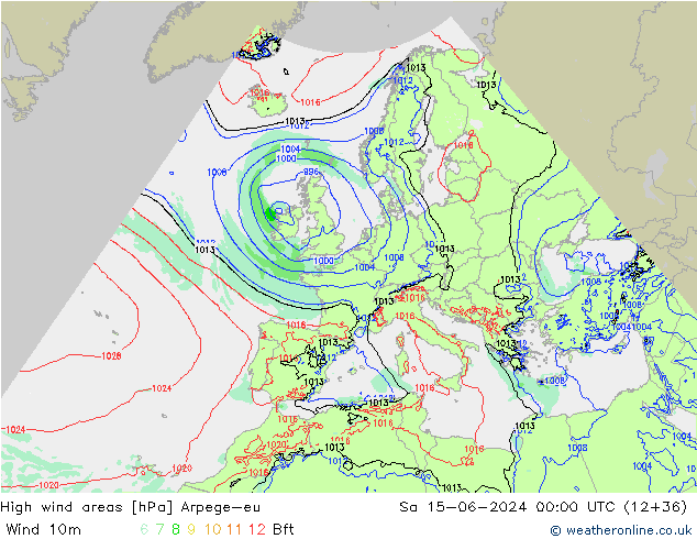 Windvelden Arpege-eu za 15.06.2024 00 UTC
