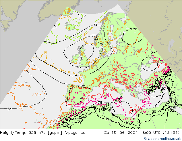 Hoogte/Temp. 925 hPa Arpege-eu za 15.06.2024 18 UTC
