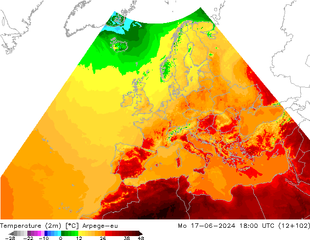 Temperatuurkaart (2m) Arpege-eu ma 17.06.2024 18 UTC