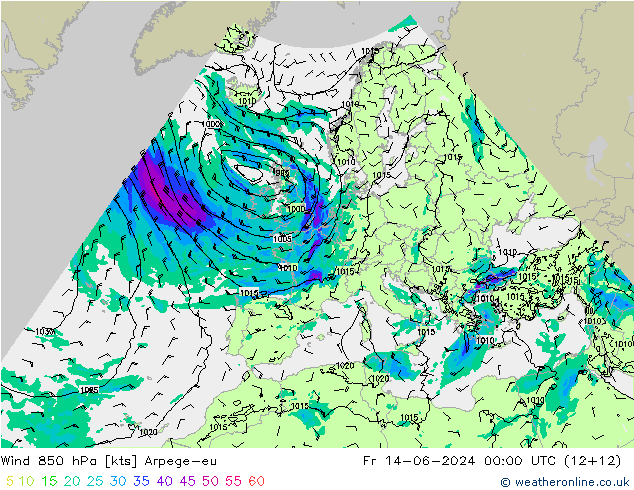 Wind 850 hPa Arpege-eu Fr 14.06.2024 00 UTC