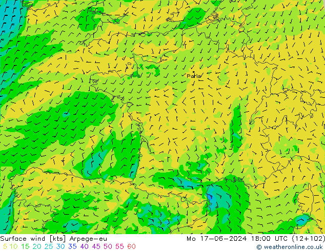 Surface wind Arpege-eu Mo 17.06.2024 18 UTC