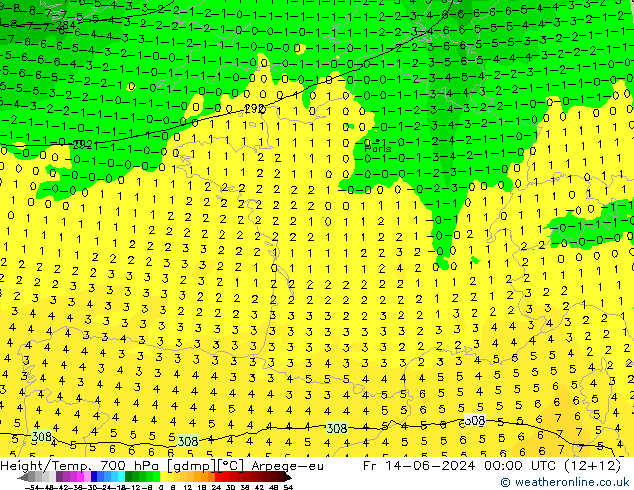 Height/Temp. 700 hPa Arpege-eu Pá 14.06.2024 00 UTC