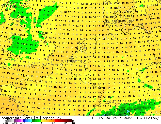température (2m) Arpege-eu dim 16.06.2024 00 UTC