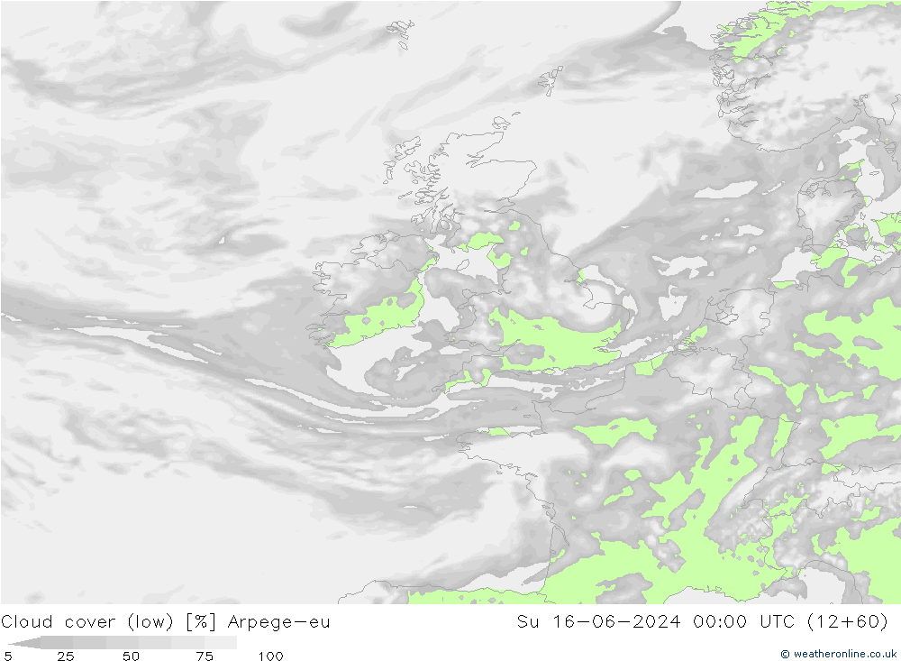 Cloud cover (low) Arpege-eu Su 16.06.2024 00 UTC