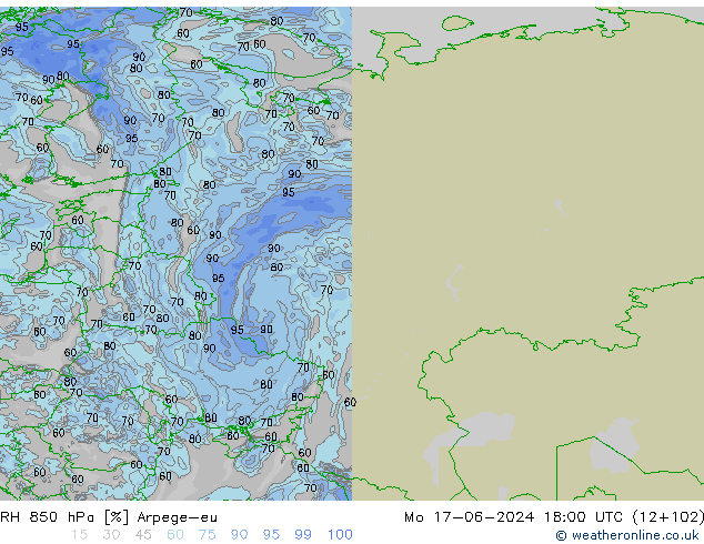 RH 850 hPa Arpege-eu Seg 17.06.2024 18 UTC