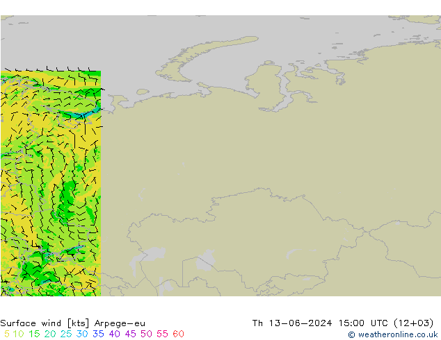 Vento 10 m Arpege-eu Qui 13.06.2024 15 UTC