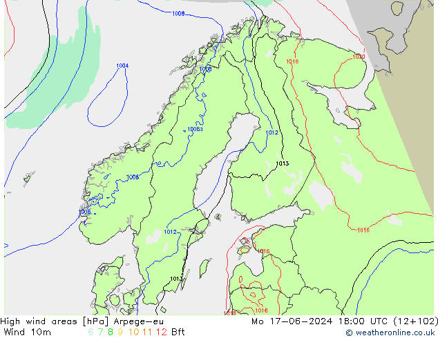 yüksek rüzgarlı alanlar Arpege-eu Pzt 17.06.2024 18 UTC