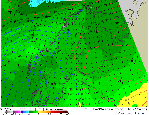 SLP/Temp. 850 hPa Arpege-eu Su 16.06.2024 00 UTC