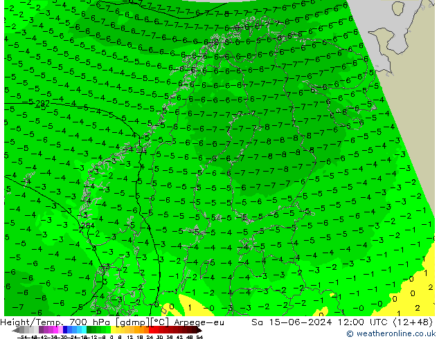 Height/Temp. 700 hPa Arpege-eu Sa 15.06.2024 12 UTC