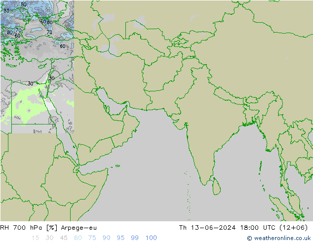 Humedad rel. 700hPa Arpege-eu jue 13.06.2024 18 UTC