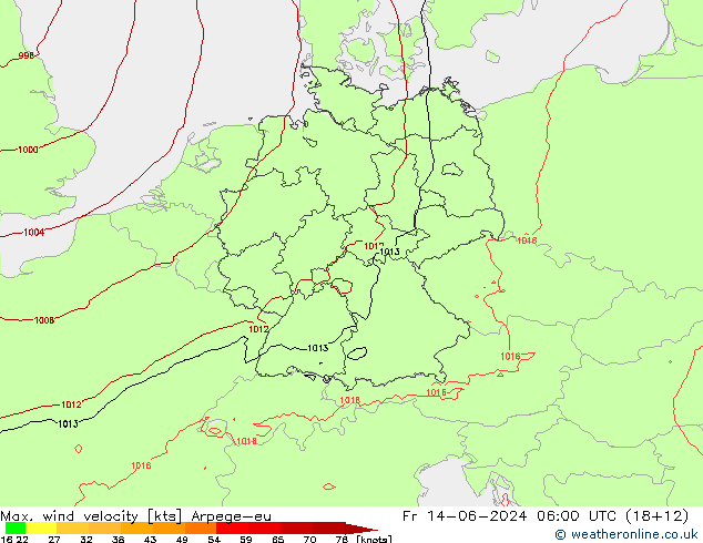 Max. wind velocity Arpege-eu Fr 14.06.2024 06 UTC