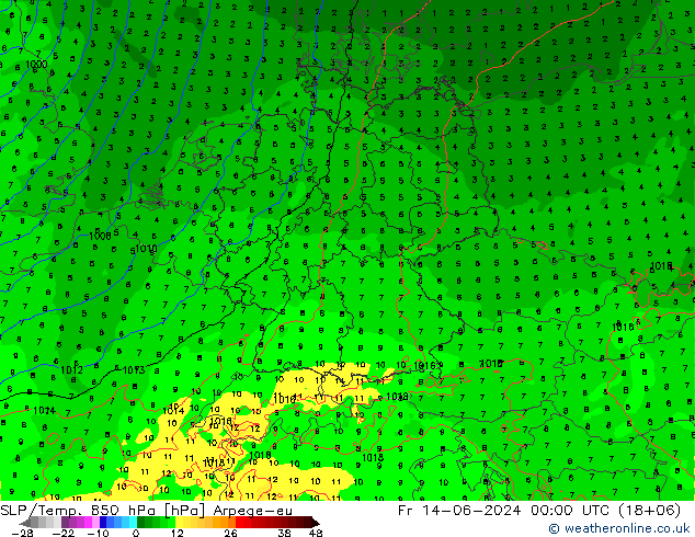 850 hPa Yer Bas./Sıc Arpege-eu Cu 14.06.2024 00 UTC