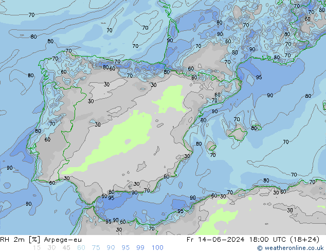 RH 2m Arpege-eu Fr 14.06.2024 18 UTC