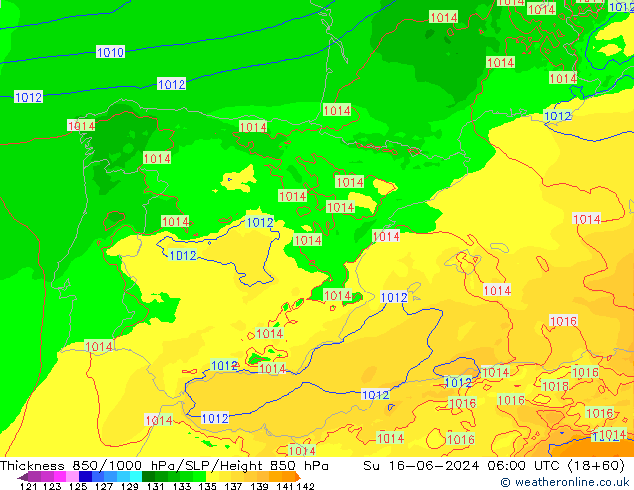 Espesor 850-1000 hPa Arpege-eu dom 16.06.2024 06 UTC