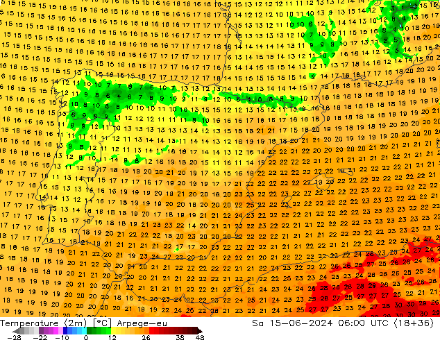 Temperatuurkaart (2m) Arpege-eu za 15.06.2024 06 UTC