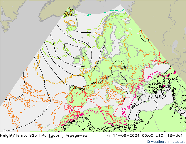 Height/Temp. 925 hPa Arpege-eu Fr 14.06.2024 00 UTC