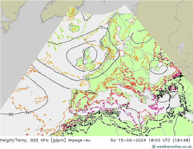 Yükseklik/Sıc. 925 hPa Arpege-eu Cts 15.06.2024 18 UTC