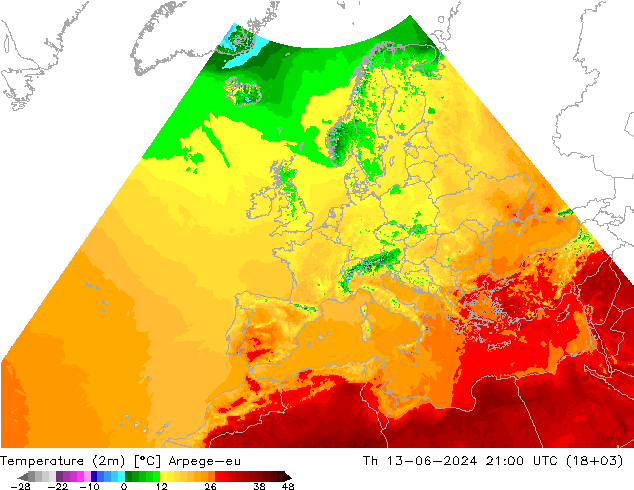 mapa temperatury (2m) Arpege-eu czw. 13.06.2024 21 UTC