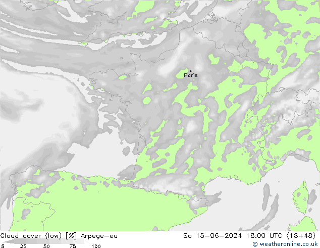 Cloud cover (low) Arpege-eu Sa 15.06.2024 18 UTC