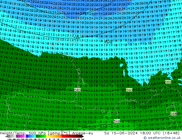 Height/Temp. 500 hPa Arpege-eu Sa 15.06.2024 18 UTC