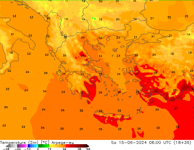 Temperatuurkaart (2m) Arpege-eu za 15.06.2024 06 UTC