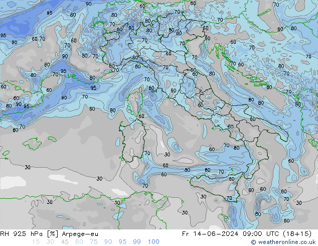 RH 925 hPa Arpege-eu Fr 14.06.2024 09 UTC