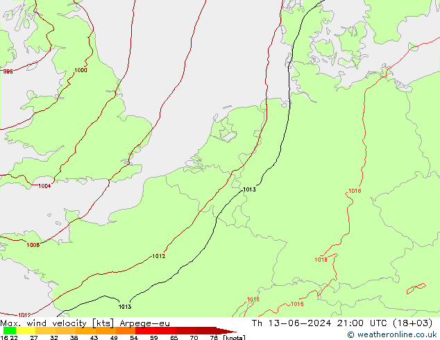 Max. wind velocity Arpege-eu Čt 13.06.2024 21 UTC