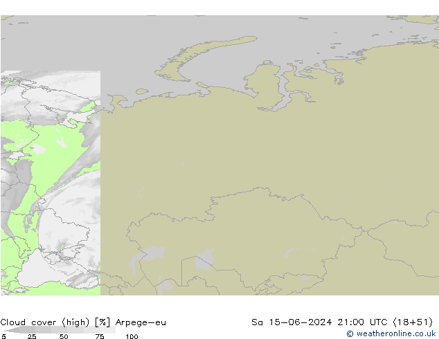 Cloud cover (high) Arpege-eu Sa 15.06.2024 21 UTC