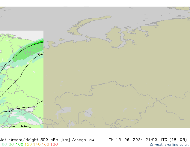 Jet stream/Height 300 hPa Arpege-eu Čt 13.06.2024 21 UTC