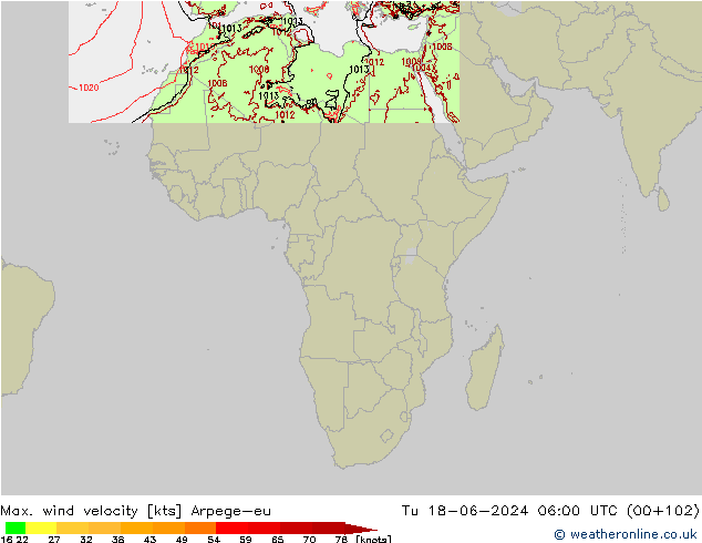 Max. wind snelheid Arpege-eu di 18.06.2024 06 UTC