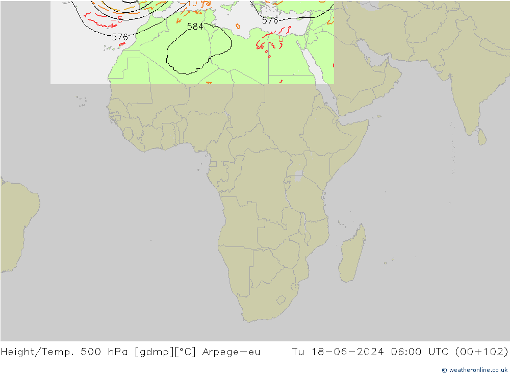 Height/Temp. 500 hPa Arpege-eu Tu 18.06.2024 06 UTC