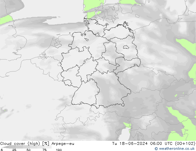 Cloud cover (high) Arpege-eu Tu 18.06.2024 06 UTC