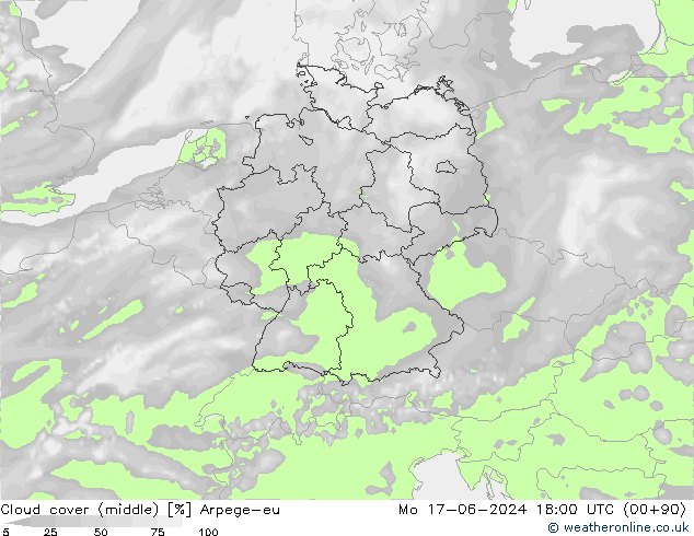 Cloud cover (middle) Arpege-eu Mo 17.06.2024 18 UTC