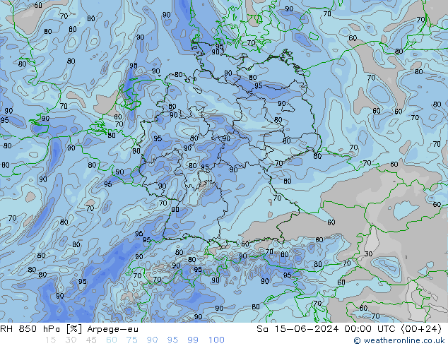 RH 850 гПа Arpege-eu сб 15.06.2024 00 UTC