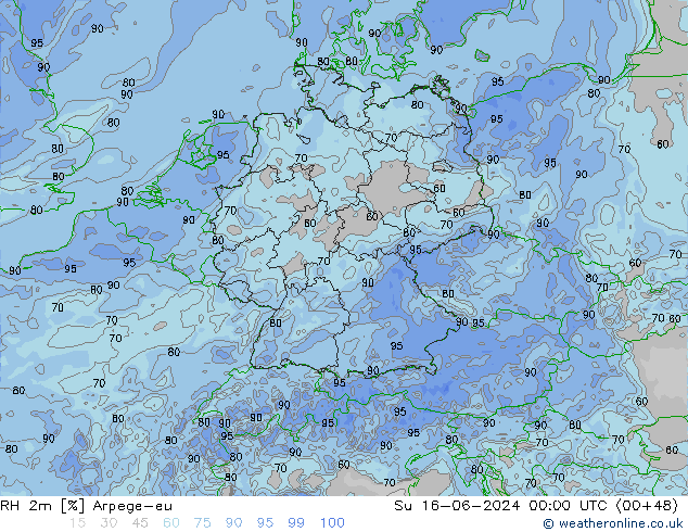 Humedad rel. 2m Arpege-eu dom 16.06.2024 00 UTC