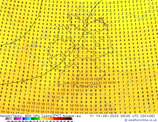 Yükseklik/Sıc. 850 hPa Arpege-eu Cu 14.06.2024 06 UTC