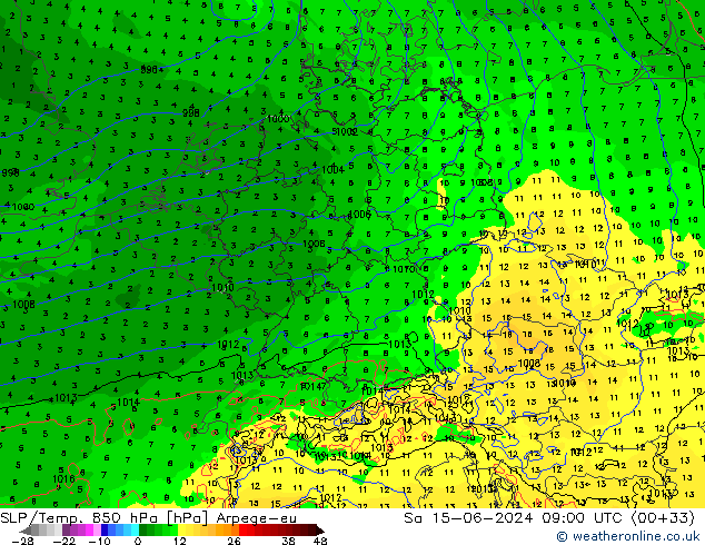 SLP/Temp. 850 hPa Arpege-eu Sa 15.06.2024 09 UTC